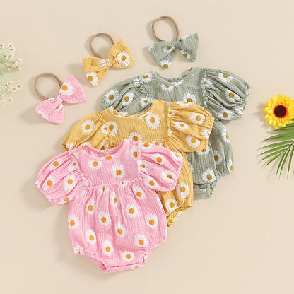 Tregren Infant Baby Girls Valentine's Day Romper Heart Print Long Sleeve Boat Neck Jumpsuits Spring Fall Bodysuits with Headband