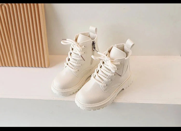 2025 Beige Girls Boots Side Zipper Simple Non-slip Casual Kids Shoes Versatile Soft Boys Britain Style Children Short Boots PU
