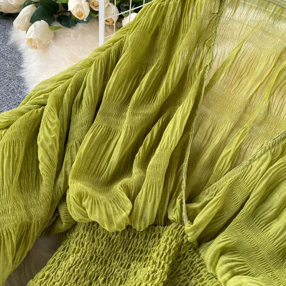 Women Sexy Chiffon Short Blouse Female See Through Super Long Sleeve Purple/Green/Black/White Folds Party Tops 2025 New