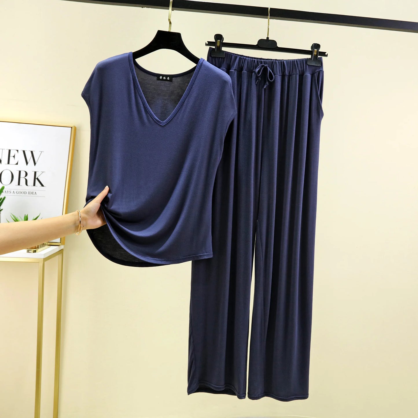 Modal Home wear 2pcs set V-Neck T-shirt sleeveless and Pants summer women's Loose sleepwear suits Solid color Casual Pajamas sets