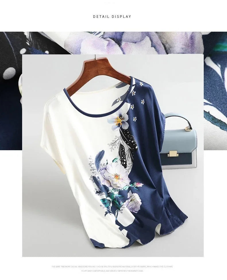 Plus Size Women Silk Satin Blouses Spring Summer Floral Printing Blouse Female Fashion Shirt Tops