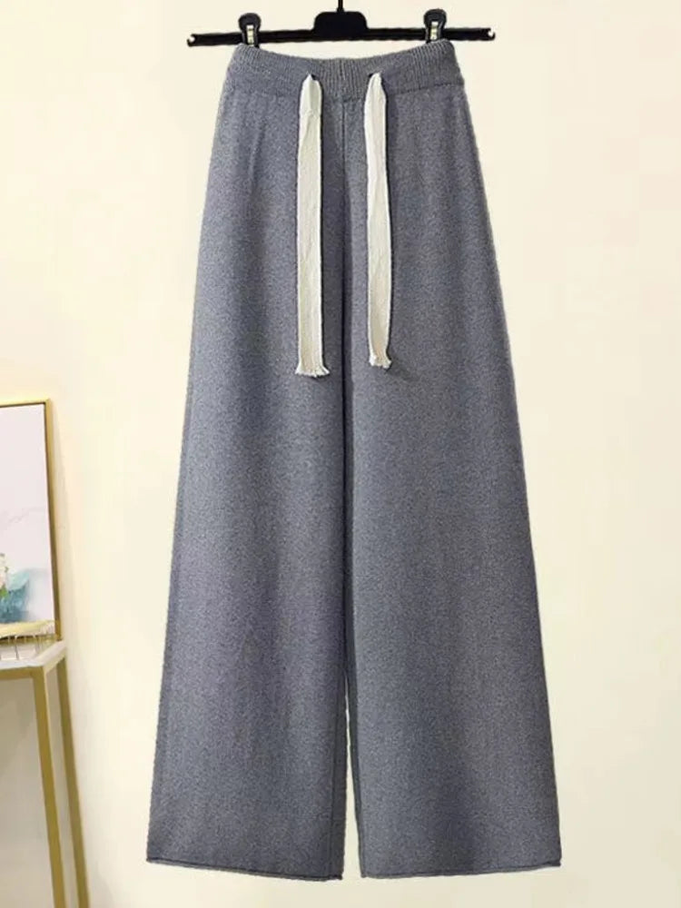 Winter Warm Knit wears Sets For Women Turtleneck Long Sleeve Pullover Sweater+ high Waist Wide Leg Drawstring Knitted Pants Sets