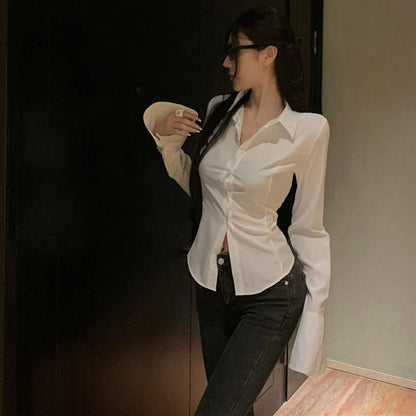 Fashion Women Bandage Shirts Korean All Match Streetwear Female Slim Blouse Spring Casual White Bell Sleeve Shirt New