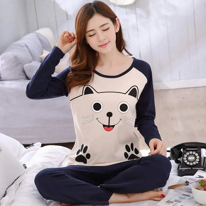 Spring Thin 2pieces Pajamas Set Women Tops 2025 Cotton Round Neck Girls Pajamas Sets Teacup Cat Sleepwear Clothes Pajamas