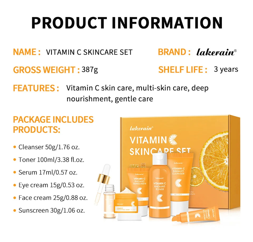 6pcs/set Vitamin C Skin Care Set Deep Cleansing Facial Cleanser Face Cream Moisturizing Anti Wrinkles Face Care Kit Gift Box