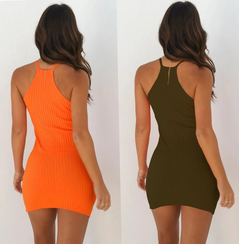 Sexy Rib Stripe Backless Sleeveless Bodycon Dress Women Solid Color Skinny Elegant Halter Dress Club Party Vespids