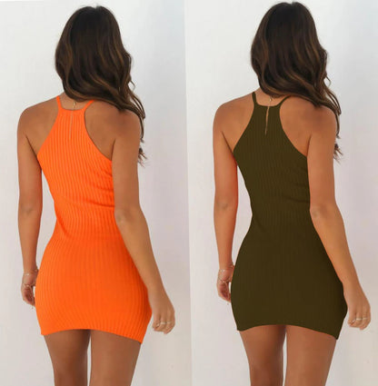 Sexy Rib Stripe Backless Sleeveless Bodycon Dress Women Solid Color Skinny Elegant Halter Dress Club Party Vespids