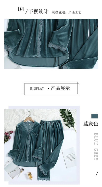 2PCS Velvet Pajamas Set For Women Winter Warm Pajama Sexy Female Valor V-neck Lace Home wear Autumn New Long Pant Pijamas Suit