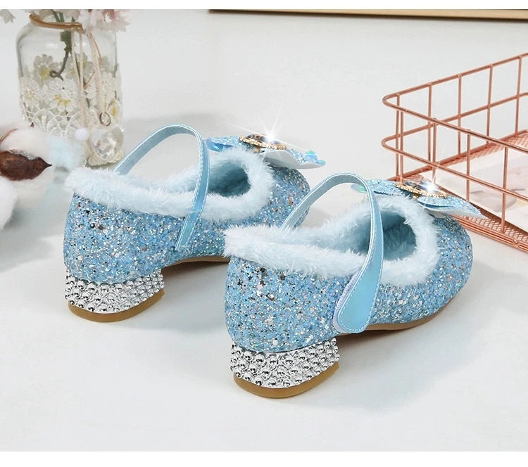 Disney Princess Kids Warm Winter Shoes for Girls Elsa Casual Glitter Children Flat Heel Girls Shoes Butterfly Knot Blue Pink