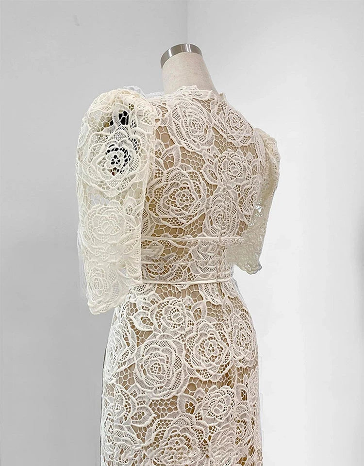 Queen Summer Dresses Korean Retro High Waist Vestidos Elegant Fashion Slim Midi Hollow Out Office Party Casual Lace Dress