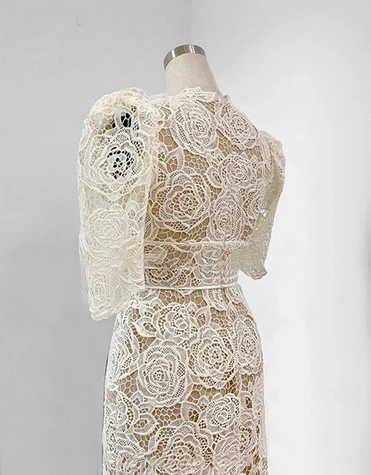 Queen Summer Dresses Korean Retro High Waist Vestidos Elegant Fashion Slim Midi Hollow Out Office Party Casual Lace Dress