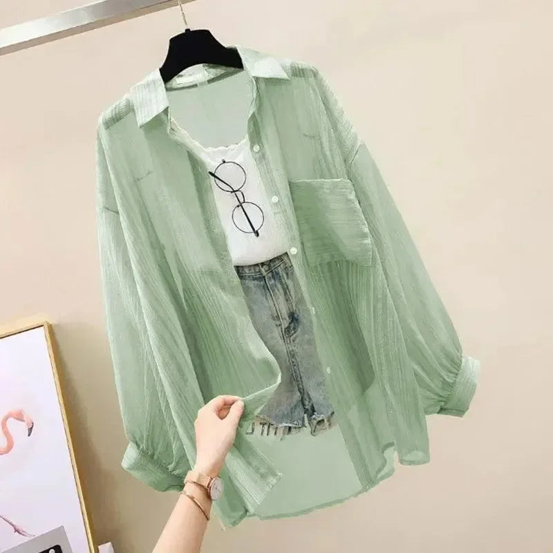 Shirts Women Sheer Thin Chic Summer Simple Solid Sun-proof Temper Fashion Baggy All-match Basic Korean Style Clothes
