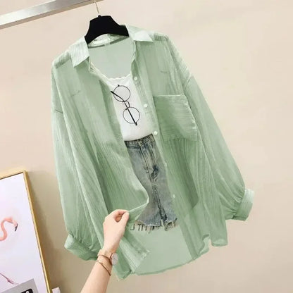 Shirts Women Sheer Thin Chic Summer Simple Solid Sun-proof Temper Fashion Baggy All-match Basic Korean Style Clothes