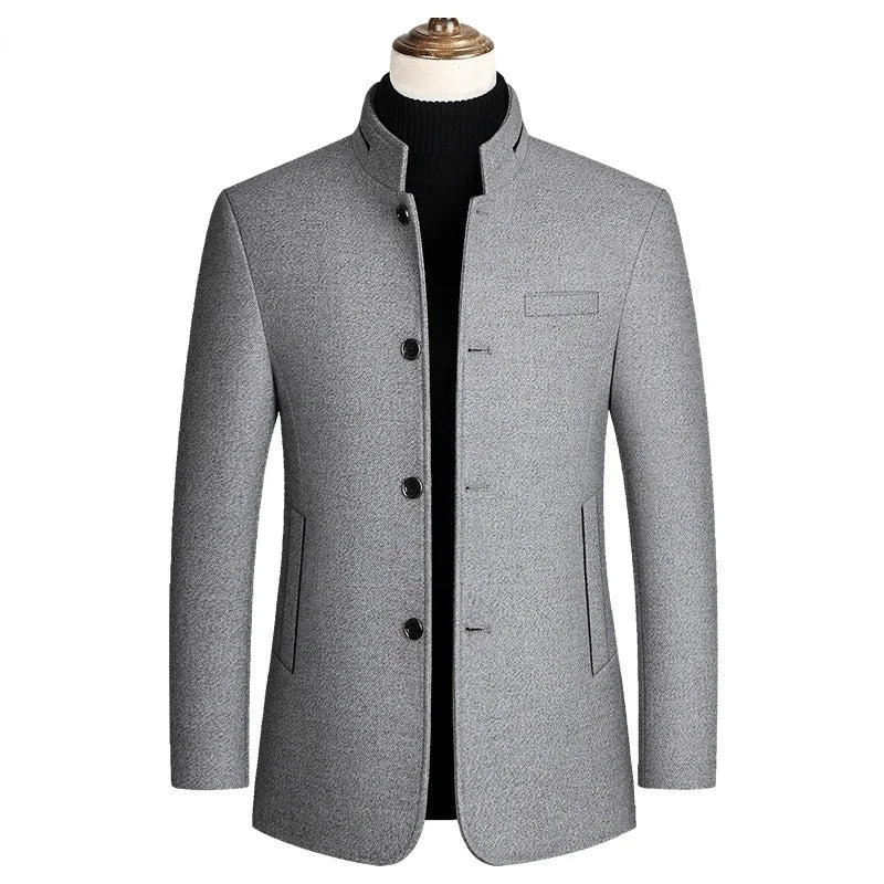 Men's Woolen Coat 2025 Autumn/Winter New Cotton Thickened Single Breasted Standing Collar Wool Blend Male Jacket