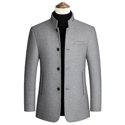 Men's Woolen Coat 2025 Autumn/Winter New Cotton Thickened Single Breasted Standing Collar Wool Blend Male Jacket
