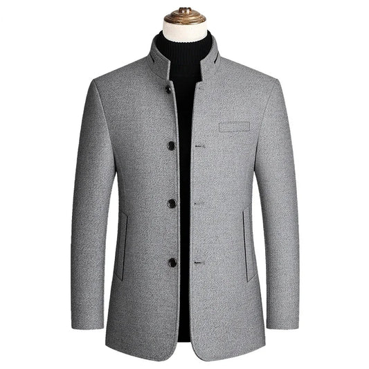Men's Woolen Coat 2025 Autumn/Winter New Cotton Thickened Single Breasted Standing Collar Wool Blend Male Jacket