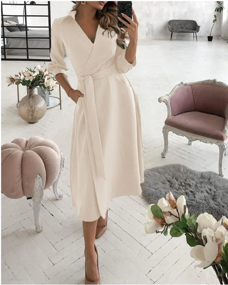 Office Women Casual Sashes A-Line Wrap Summer Dress 2025 Print Long Sleeve V-Neck Dress Pocket Elegant Midi Party Dress Vestidos