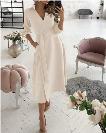Office Women Casual Sashes A-Line Wrap Summer Dress 2025 Print Long Sleeve V-Neck Dress Pocket Elegant Midi Party Dress Vestidos