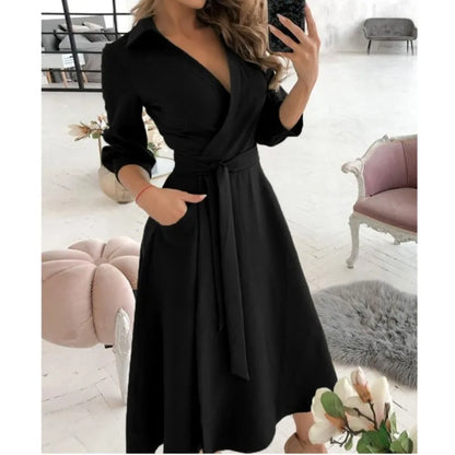 Office Women Casual Sashes A-Line Wrap Summer Dress 2025 Print Long Sleeve V-Neck Dress Pocket Elegant Midi Party Dress Vestidos