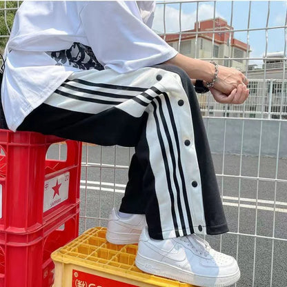 Row Button Pants Men's Loose All-Match Trendy Straight Pu Shuai Fried Street Special-Interest Design Senior American Stylohyoid