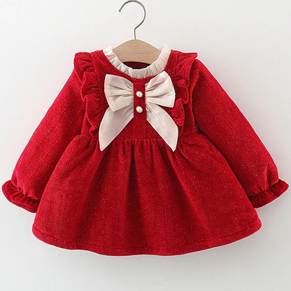 Winter Newborn Girls Clothes Korean Fashion Bow Cute Fleece Warm Thick Long Sleeve Red Baby Dress Luxury Birthday Dresses BC1704