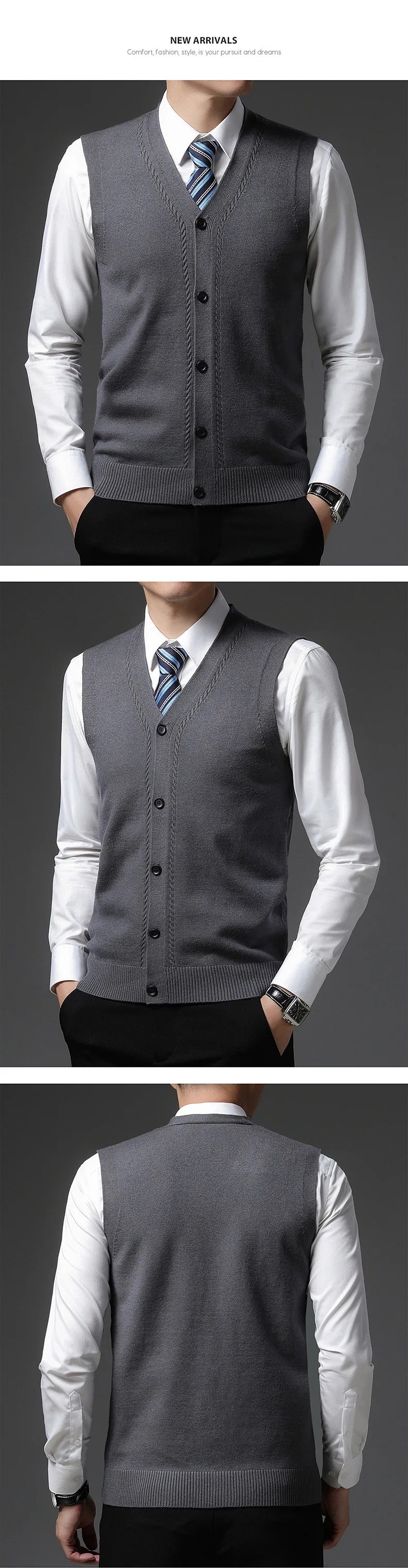 2025 Men's New Autumn and Winter Vest Young Casual Warm Knit Sleeveless Base Shirt Solid Color Jacquard Cardigan Vest