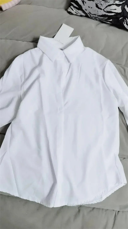 Spring and Summer Women's White Shirt Basic Korean Version Loose Casual Office Shirt Work Professional Top Solid Color