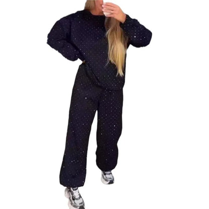 Women's Pants Suit Autumn New O-neck Hot Diamond Long-sleeved T-shirt Drawstring Sweatpants Fashionable Ladies 2-piece Sets