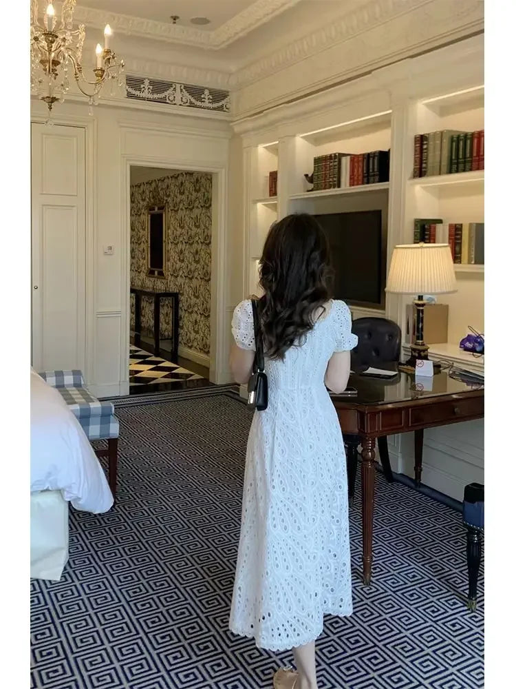 Summer Elegant Korean Chic White Midi Dress Women French Hollow Out Sexy Kawaii Vestidos De Fiesta Fashion Short Sleeve Dress