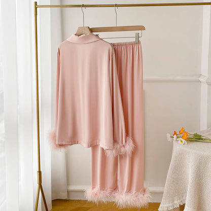 Spring Autumn Female Pajamas Trouser Set Luxury Feather Pink Bride Wedding Sleep wear Gift Sexy Loose Satin Home Wear Lounge wear