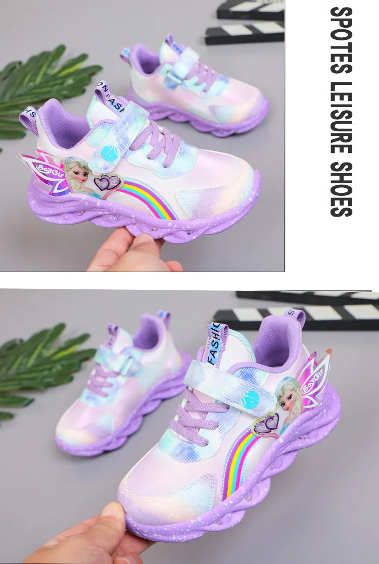 Disney Girls' Casual Shoes Led Lights Mesh Breathable Children's Sports  Princess Elsa Pink Purple Shoes Sneakers Size 22-37