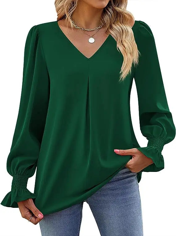 Women's New Solid Color Chiffon Shirt V-neck Pullover Flared Long Sleeved Top Shirt Office Lady Elegant Khaki Loose Blouse