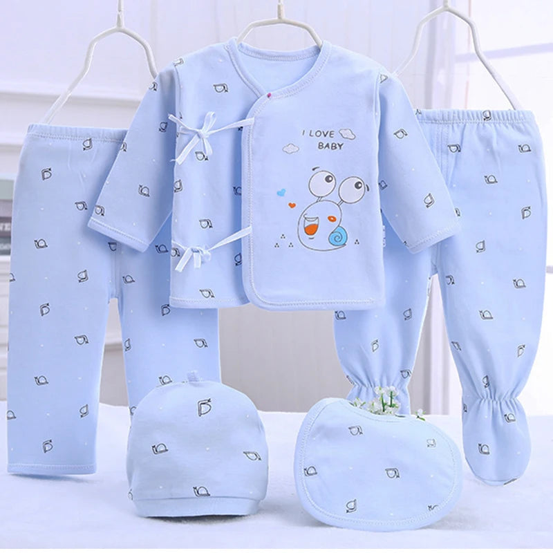 5Piece Sets Spring Baby Girl Boy Clothes Casual Cartoon Cute Print Long Sleeve Cotton Tops+ Pants+ Hat Newborn Hospital Set BC1361
