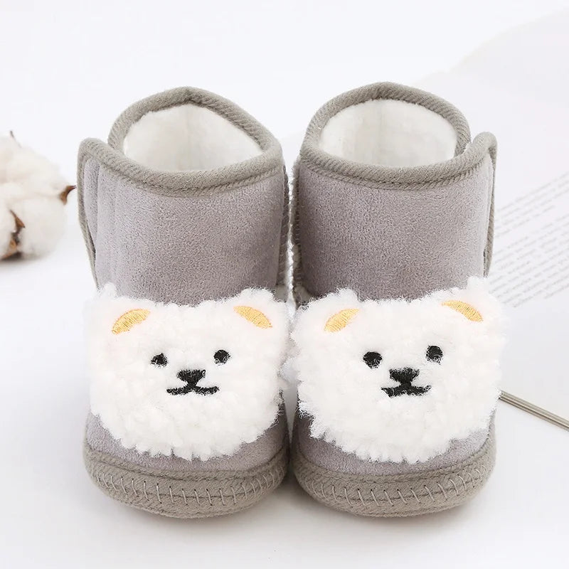 Baywell Cute Cartoon Animal Newborn Baby Boots Winter Plush Snow Booties for Boy Girl Soft Soled Comfortable Warming Shoes