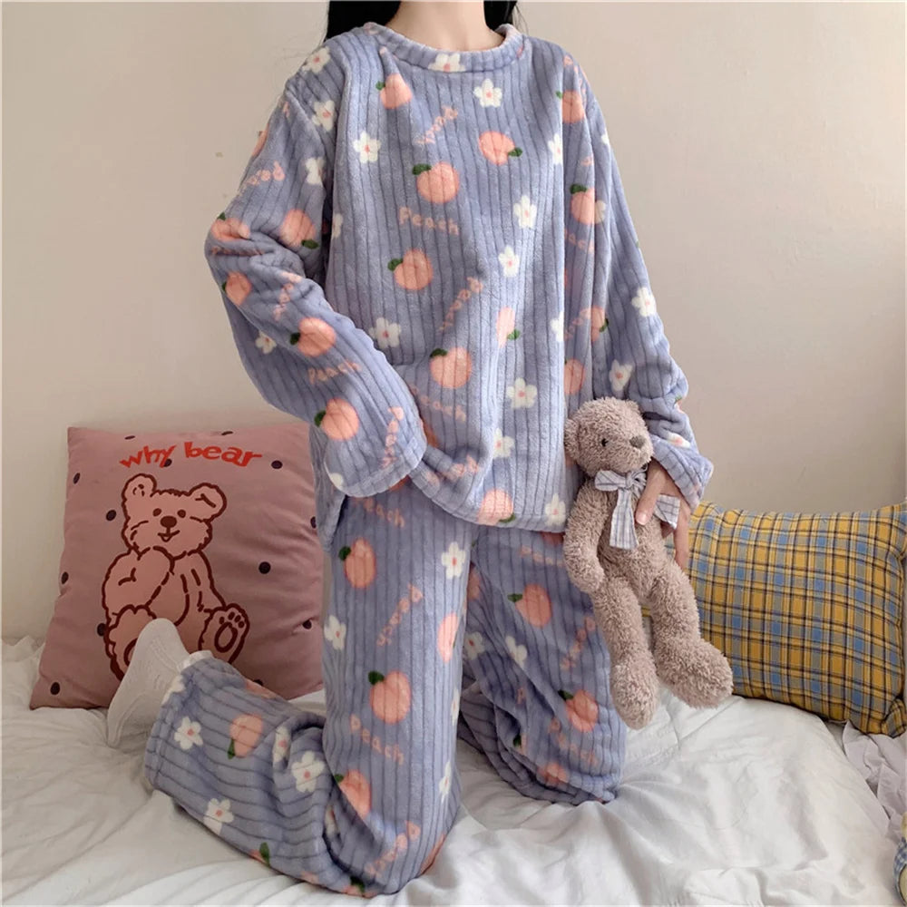 Flannel Long sleeve cartoon sleepwear suit Cozy Thick Warm Cartoon Sleepwear Suit Stylish Women's pajamas set for Autumn Winter
