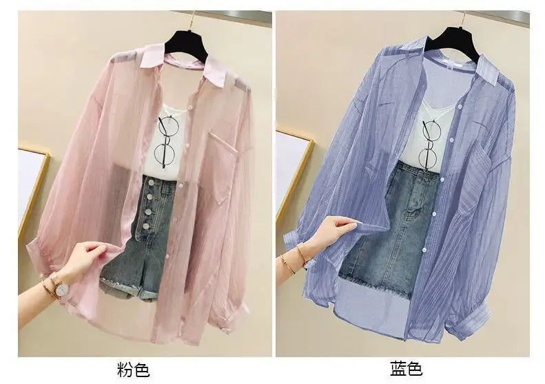 Shirts Women Sheer Thin Chic Summer Simple Solid Sun-proof Temper Fashion Baggy All-match Basic Korean Style Clothes