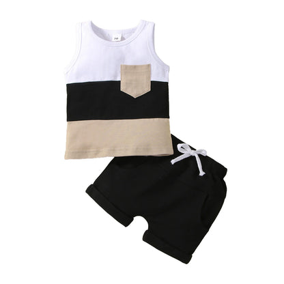 Infant Baby Boys Short Sets Patchwork Sleeveless Vest Tops with Pocket + Shorts 2pcs Summer Outfits for Toddler 6-36M