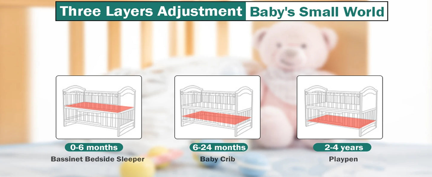 Mini Baby Crib 4 in 1 Convertible with Memory Foam Mattress(38"by 24") Included, Cunas para Babes 2024 Natural Wood Portable Crib