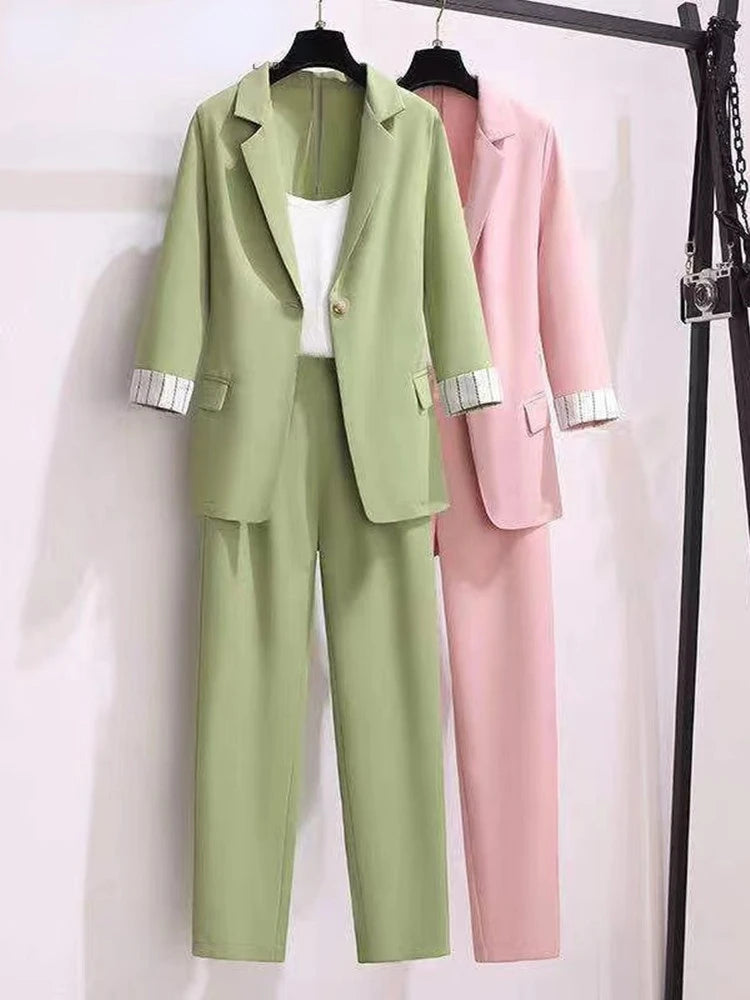 2025 spring new plus size Korean elegant women's suit female blazer leisure pants Tweed suit jacket three piece jacket pants set