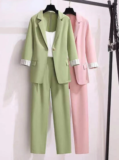 2025 spring new plus size Korean elegant women's suit female blazer leisure pants Tweed suit jacket three piece jacket pants set
