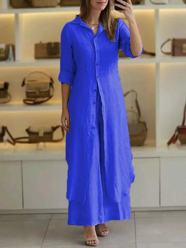2025 New Product Women's Summer And Autumn Urban Elegant Cotton Hemp Slimming Waist Long Shirt Wide Leg Pants Two Piece Set