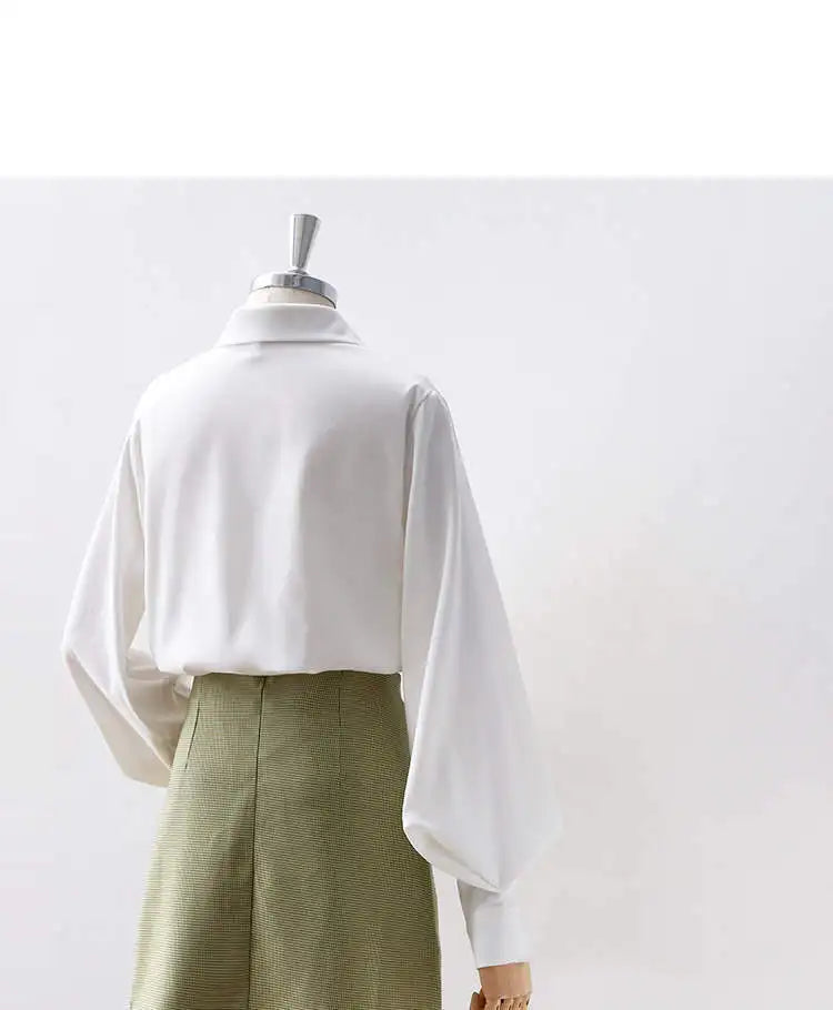 Lantern Sleeves Vintage Shirts Women Elegant White Women's Blouse with Lush Sleeves 2025 Fashion Button Up Shirt Black dropship