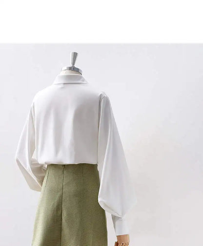 Lantern Sleeves Vintage Shirts Women Elegant White Women's Blouse with Lush Sleeves 2025 Fashion Button Up Shirt Black dropship