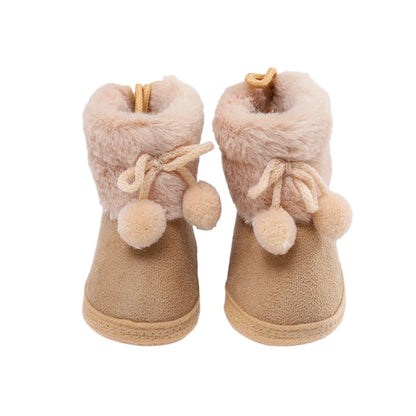 Suefunskry Toddler Baby Girls Boys Boots Winter Warm Soft Sole Fluffy Lace up Boots Cute Plush Pom Decoration Non Slip Shoes