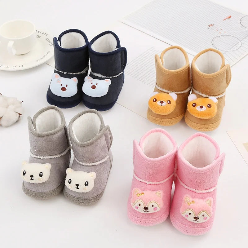 Baywell Cute Cartoon Animal Newborn Baby Boots Winter Plush Snow Booties for Boy Girl Soft Soled Comfortable Warming Shoes