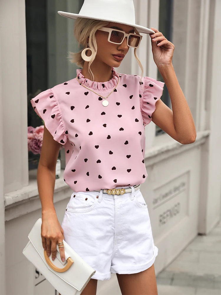Fashion Chiffon Print Women's Shirt Casual Ruffle Short Sleeve Top Pink Chic Woman Blouse And Shirts Elegant Blouses Summer 2025
