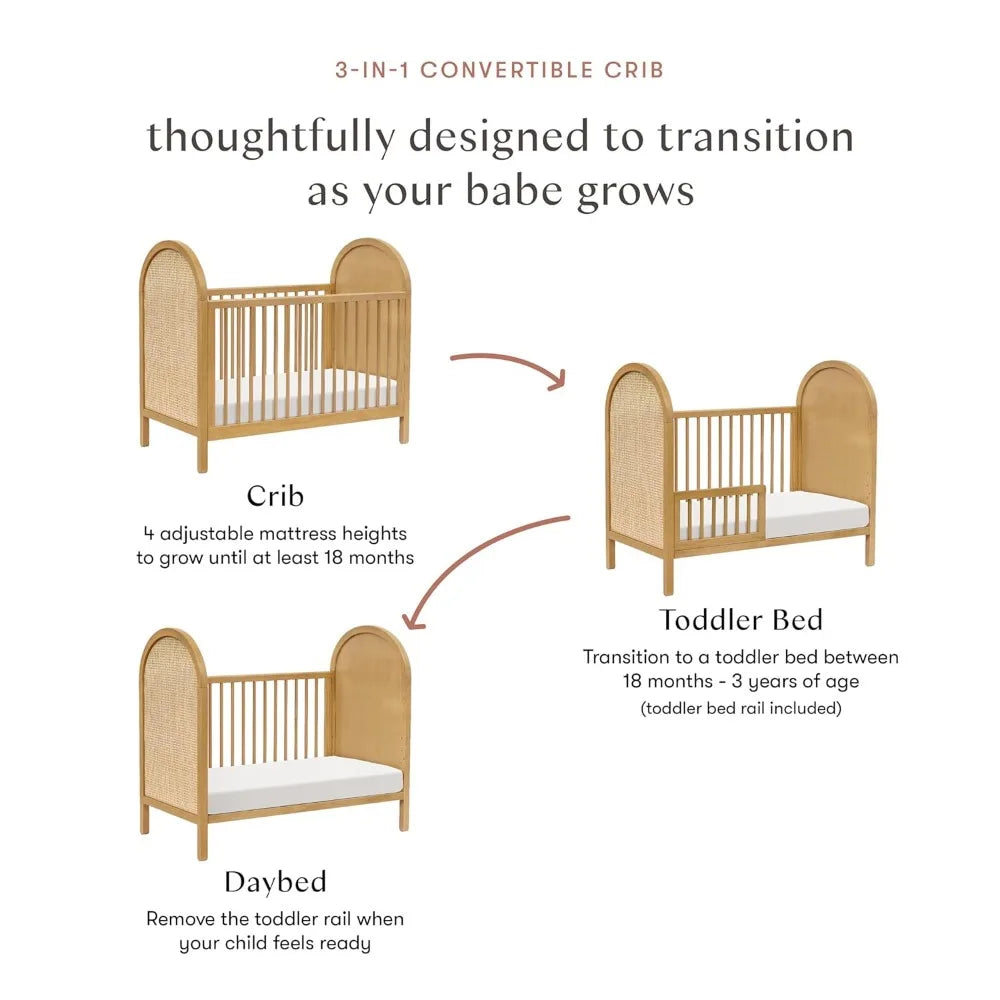 Bondi Cane 3-in-1 Convertible Crib with Toddler Bed Conversion Kit in Honey with Natural Cane, Greengard Gold Certified