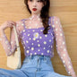 Women Daisy Flower Print Mesh Tops Long Sleeve Sheer Transparent Fishnet T Shirt Fashion Summer Sunscreen Tee 2025