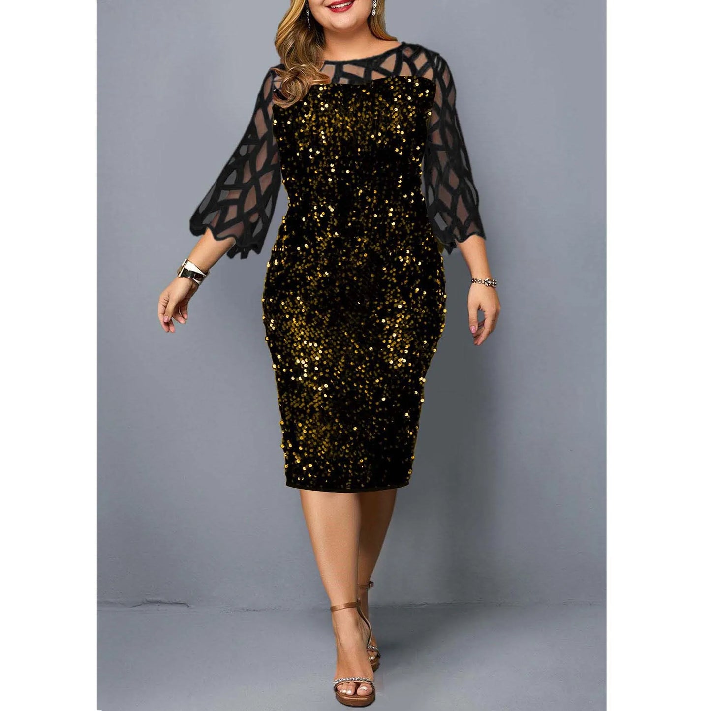 Elegant Sequin Plus Size 4XL 5XL Women Midi Dress Sexy Casual Evening Party Dress Gown Wedding Luxury Robe Rouge Vestidos
