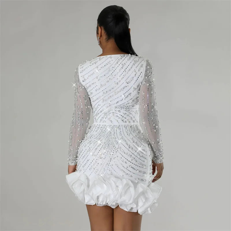 2025 New Women Mesh Sleeve Bodycon Sexy Diamonds Birthday Party Dress Tiered Ruffles Rhinestone Pearls Party Night Dress Pink